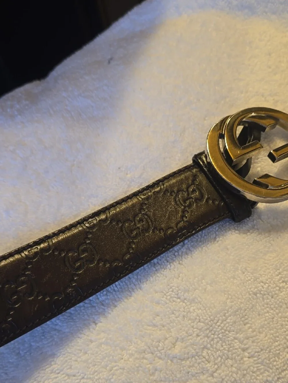 Gucci GG Brown Embossed Leather Belt with Gold Interlocking G Buckle 95/36